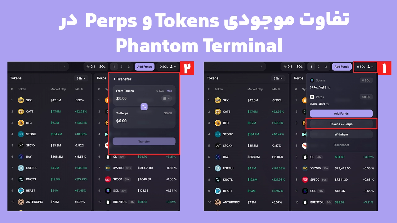 نمایش موجودی Tokens و Perps در Phantom Terminal و دسترسی به انتقال دارایی