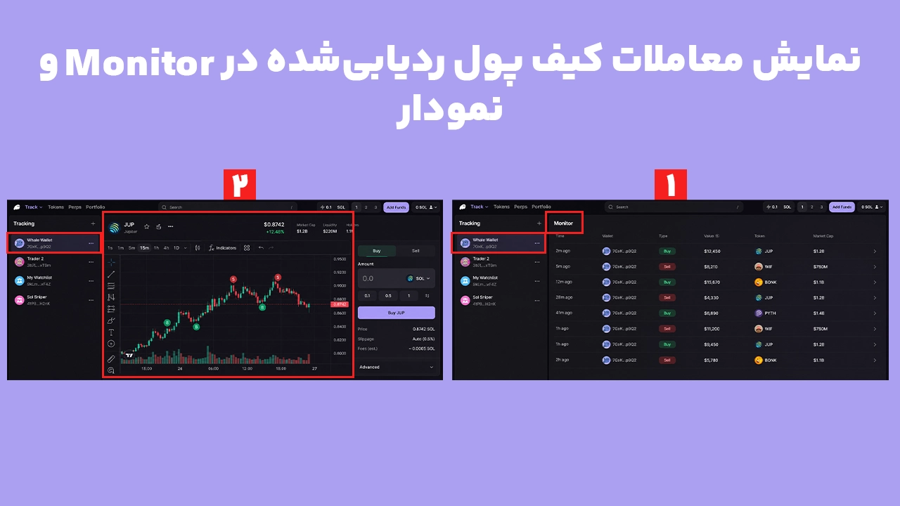 نمایش فعالیت Wallet Tracking در Phantom Terminal در بخش Monitor و روی نمودار