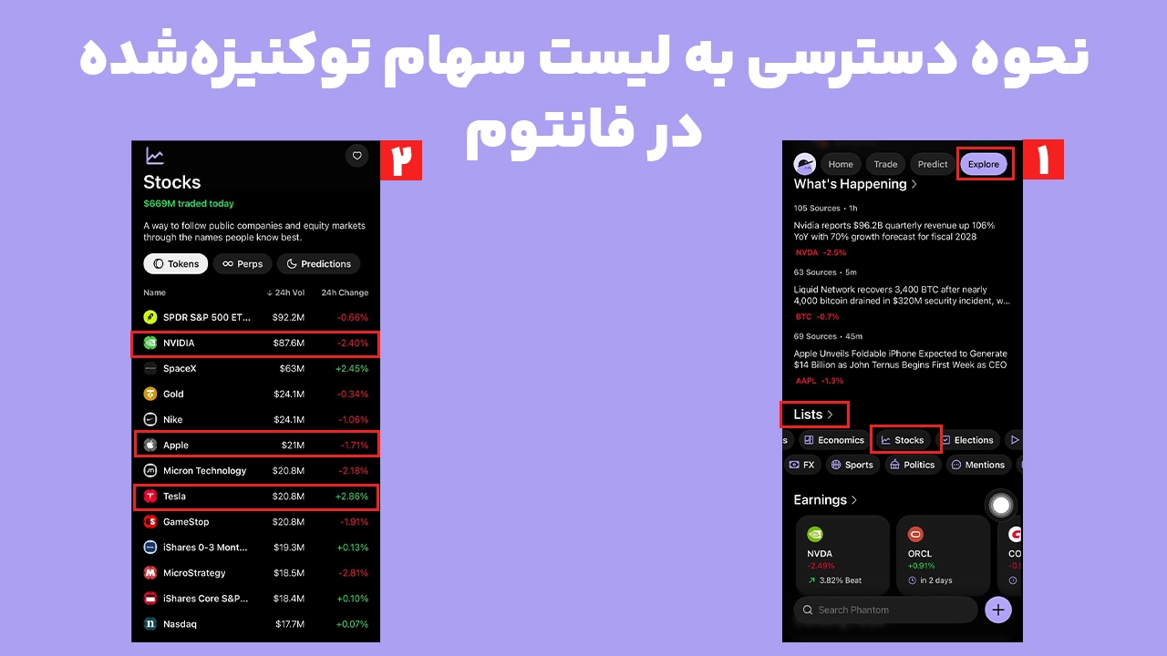 مسیر دسترسی به سهام توکنیزه شده در فانتوم و مشاهده لیست Tokenized Stocks در اپلیکیشن Phantom