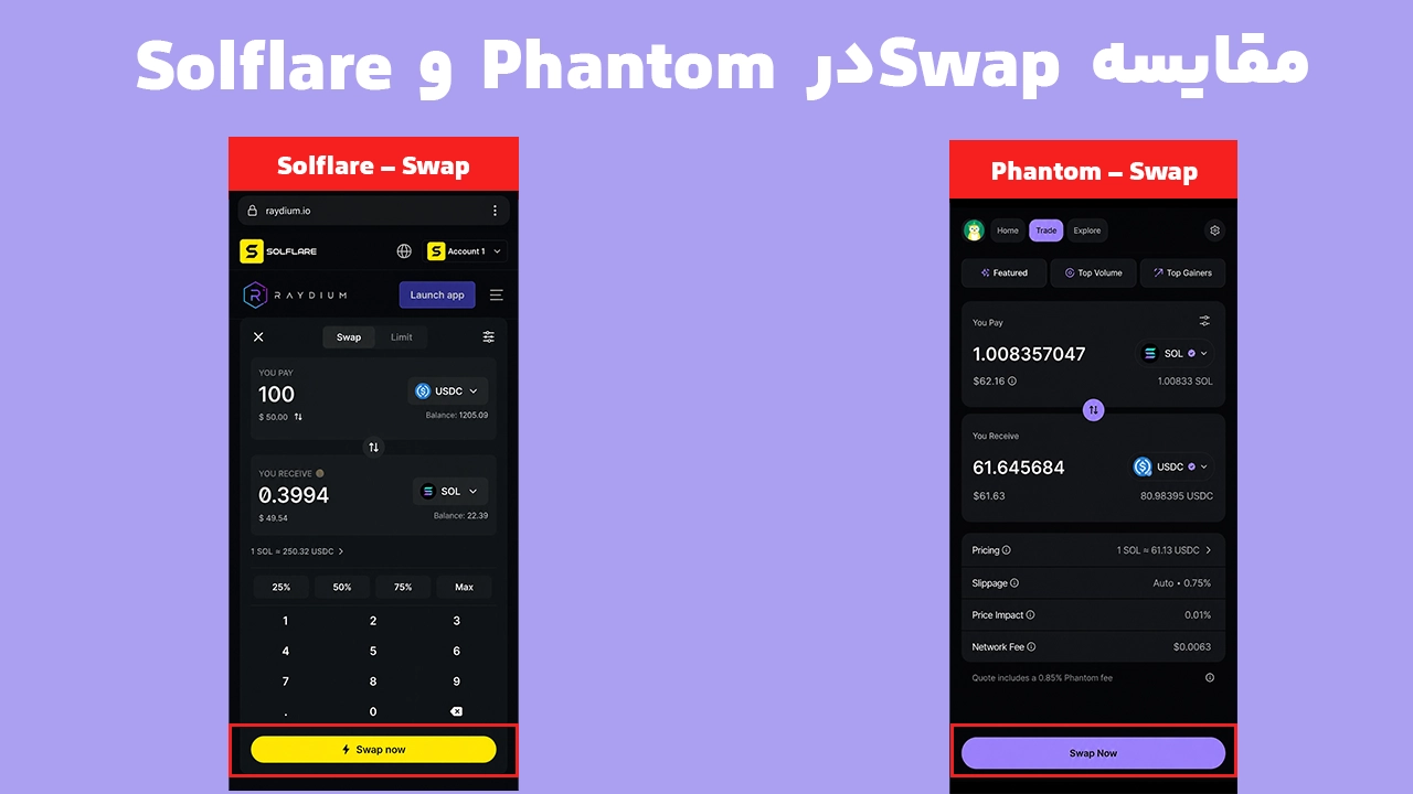 مقایسه سواپ توکن در کیف پول فانتوم و سولفلر