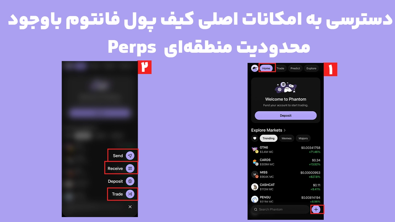 نمایش صفحه Home کیف پول فانتوم و گزینههای Send، Receive و Trade برای بررسی دسترسی به امکانات اصلی با وجود محدودیت منطقهای Perps