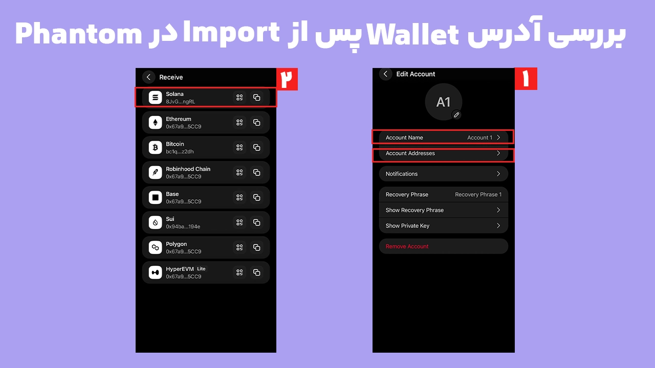 بررسی حساب و آدرس کیف پول Phantom پس از انتقال Magic Eden Wallet با Private Key