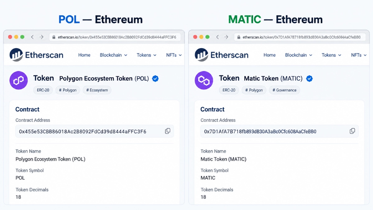 مقایسه قرارداد رسمی MATIC و POL روی شبکه اتریوم در Etherscan