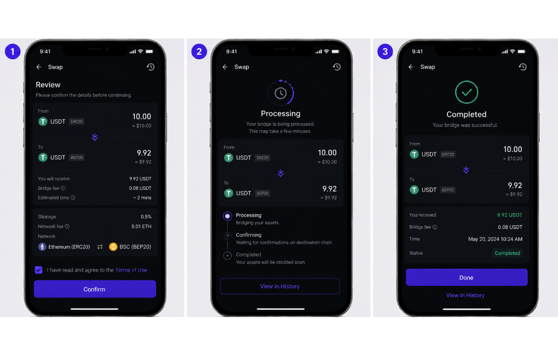 تأیید و پیگیری انتقال بین شبکه‌ای در SafePal از مرحله Review تا Completed