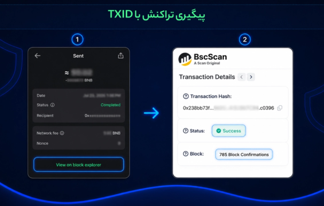 بررسی TXID و وضعیت انتقال ارز در مرورگر بلاکچین