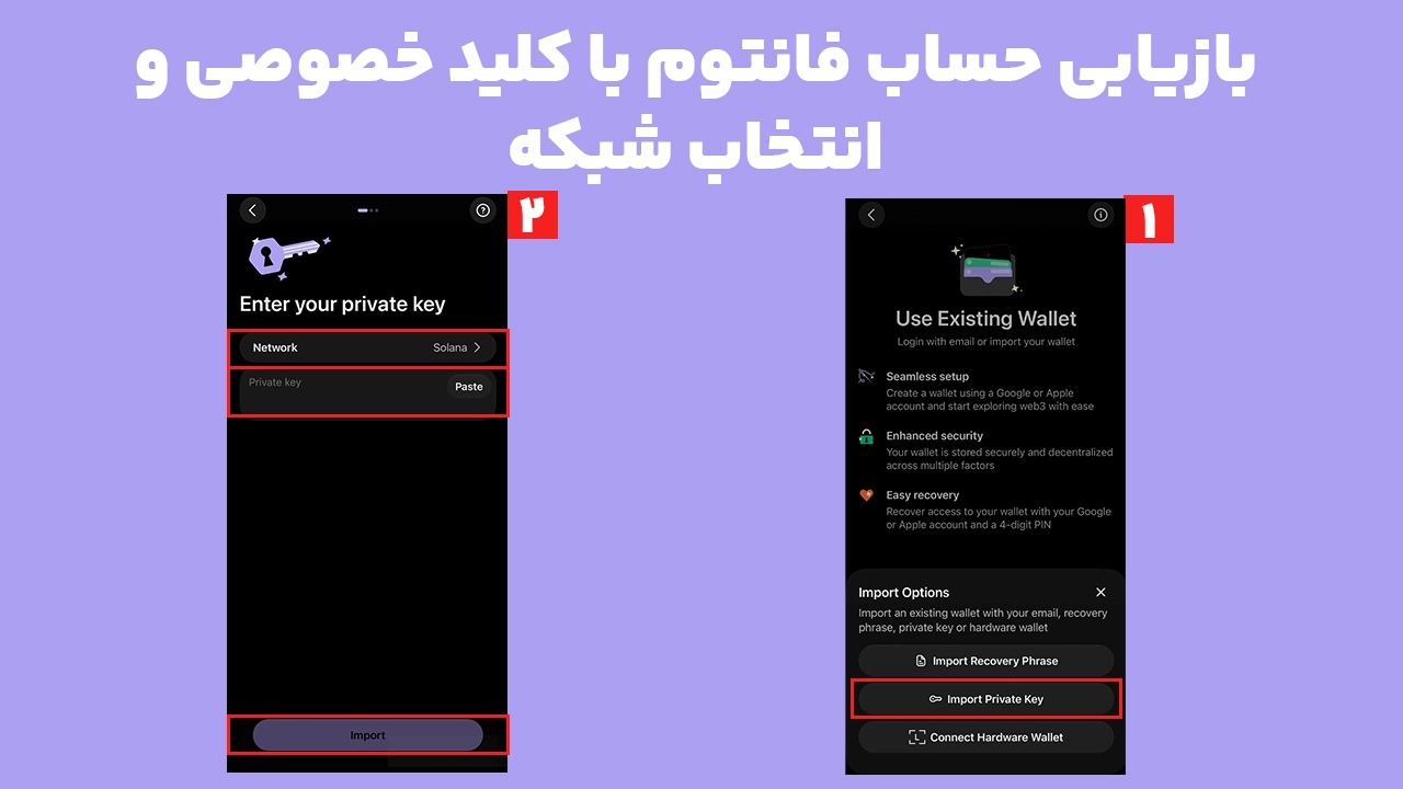 آموزش بازیابی کیف پول فانتوم با کلید خصوصی و انتخاب شبکه صحیح