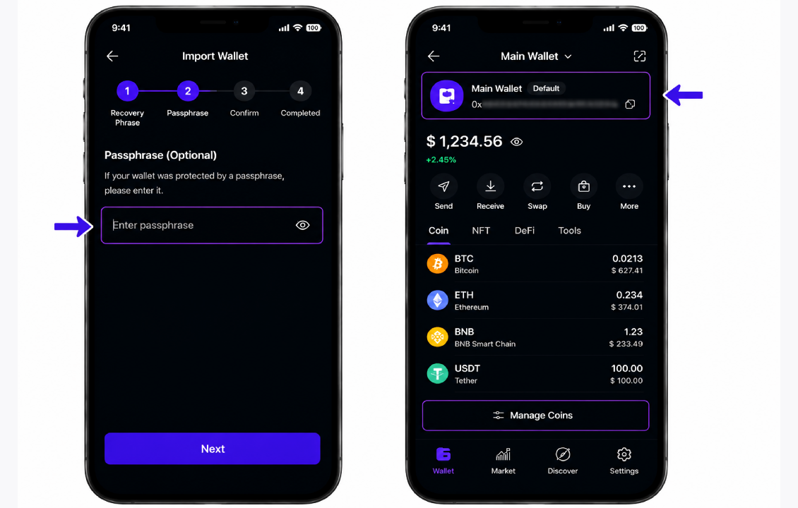 وارد کردن Passphrase و بررسی آدرس کیف پول پس از بازیابی در کیف پول SafePal