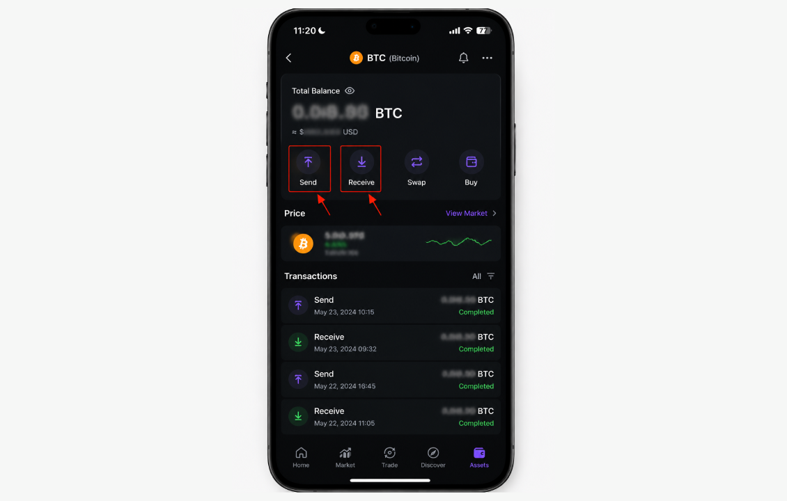 نمایش کیف پول بیت کوین در سیف پل و گزینههای دریافت و ارسال BTC