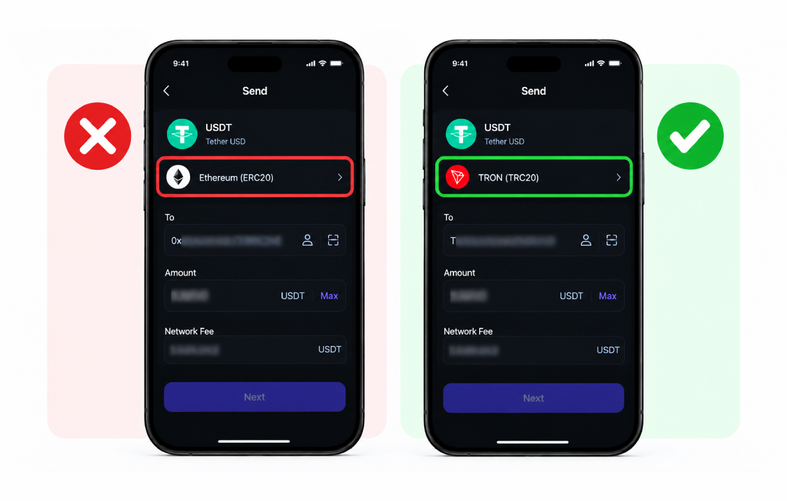 مقایسه انتخاب شبکه درست و اشتباه هنگام تغییر شبکه در SafePal