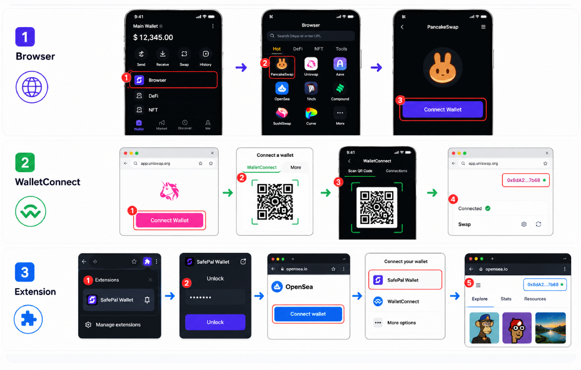 روش‌های اتصال کیف پول سیف پل به DApp شامل مرورگر داخلی، WalletConnect و افزونه مرورگر SafePal برای برنامه‌های Web3