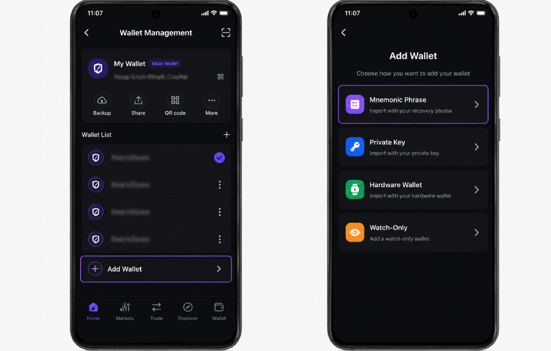 ورود به Import Wallet و انتخاب Mnemonic Phrase برای انتقال متامسک به سیف پل