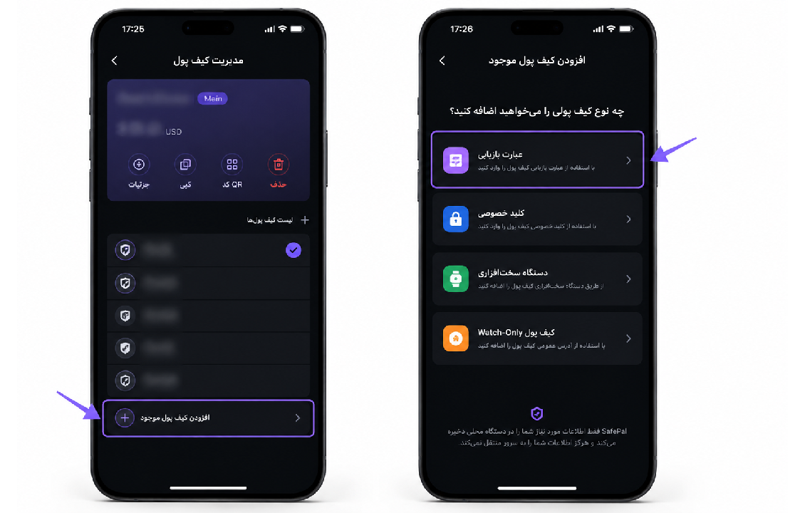 ورود به Import Wallet و انتخاب عبارت بازیابی برای انتقال متامسک به سیف پل