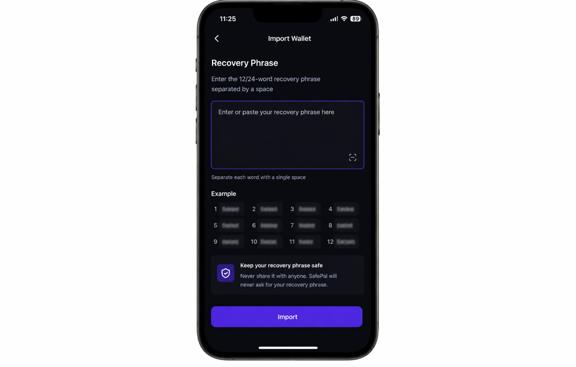 وارد کردن Recovery Phrase برای انتقال سیف پل به گوشی جدید