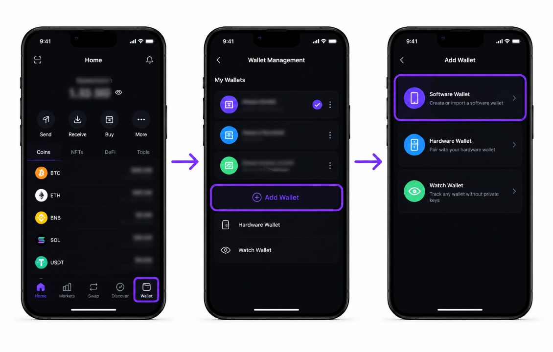 مسیر وارد کردن Private Key در SafePal از بخش Add Wallet