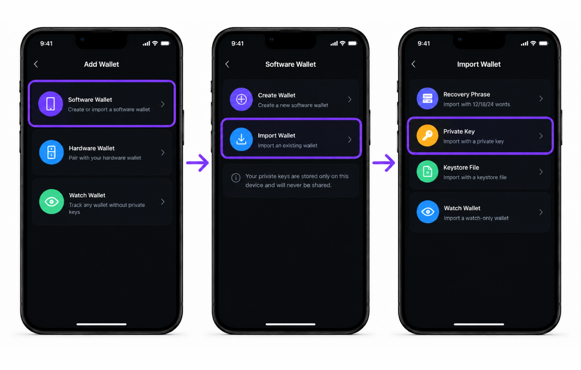 انتخاب گزینه Private Key برای Import کیف پول در SafePal