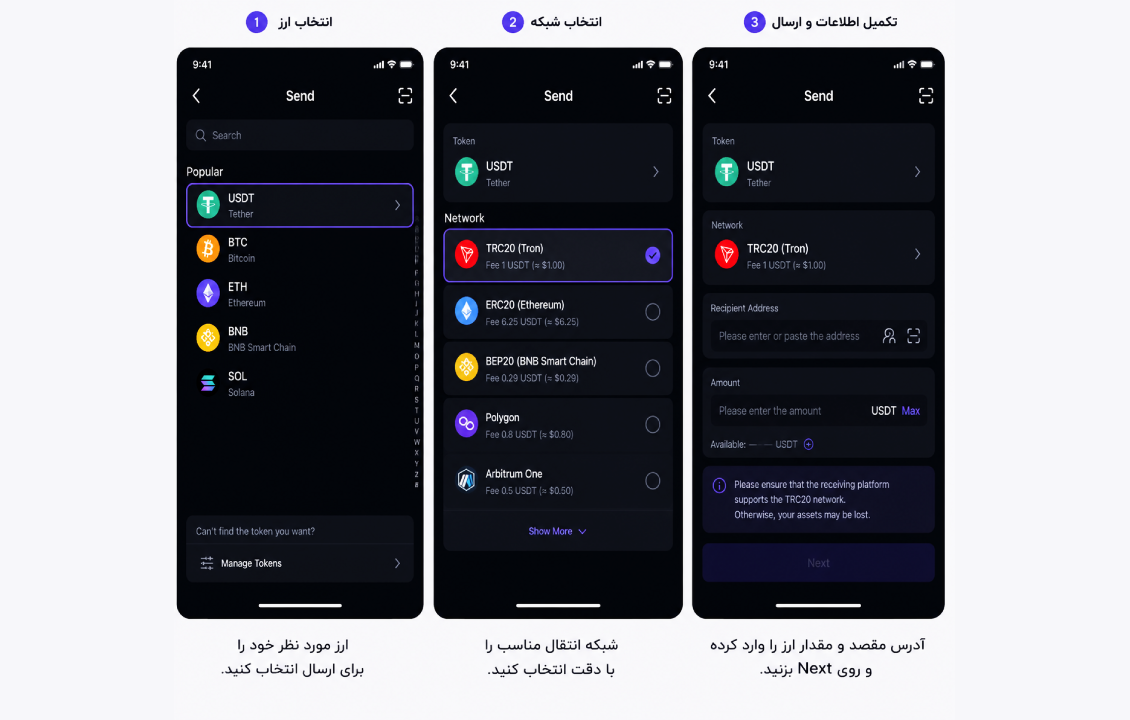 انتخاب شبکه انتقال در کیف پول سیف پل برای جلوگیری از ارسال اشتباه ارز دیجیتال