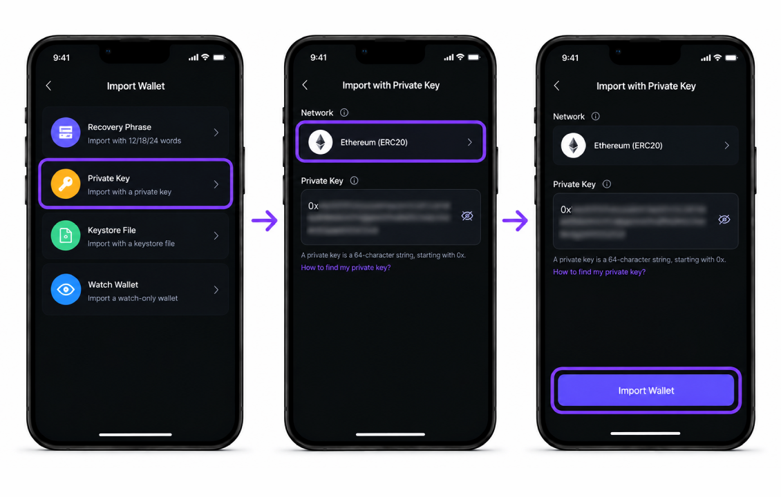 انتخاب شبکه و وارد کردن Private Key در SafePal برای Import کیف پول