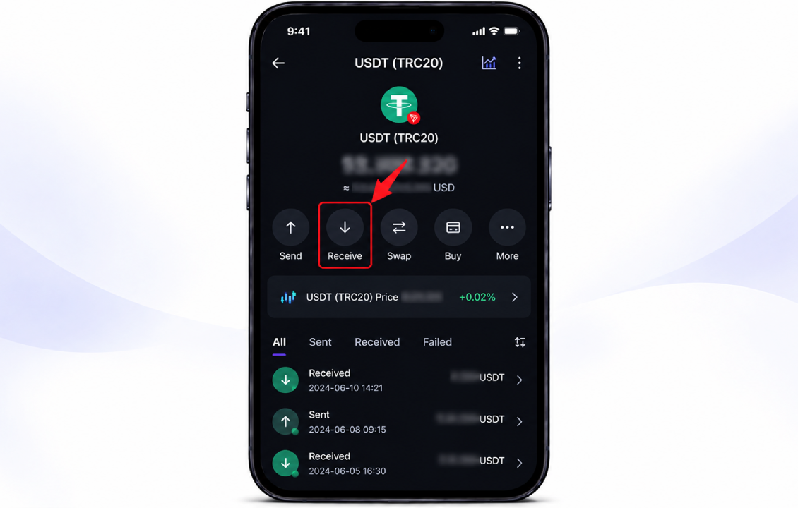 گزینه Receive برای مشاهده آدرس کیف پول سیف پل