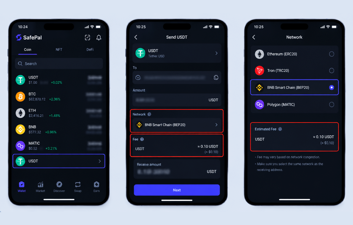 بررسی شبکه و کارمزد انتقال ارز بازیابیشده در SafePal