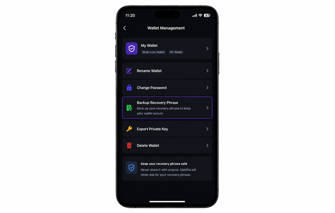 بررسی عبارت بازیابی SafePal قبل از انتقال کیف پول به گوشی جدید