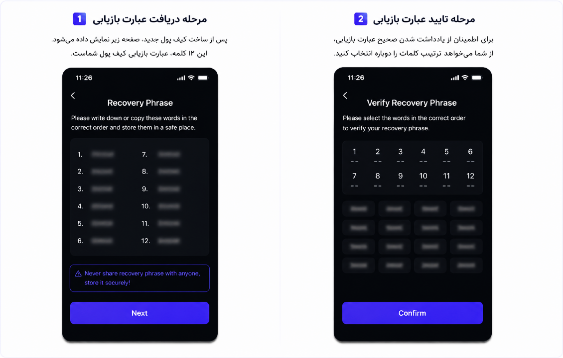 نمایش دریافت و تأیید عبارت بازیابی در کیف پول سیف پل هنگام ساخت کیف پول جدید