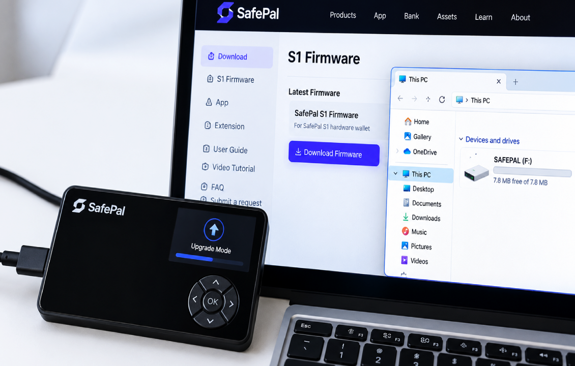 بررسی حالت Firmware Upgrade در SafePal S1 پس از روشن شدن دستگاه