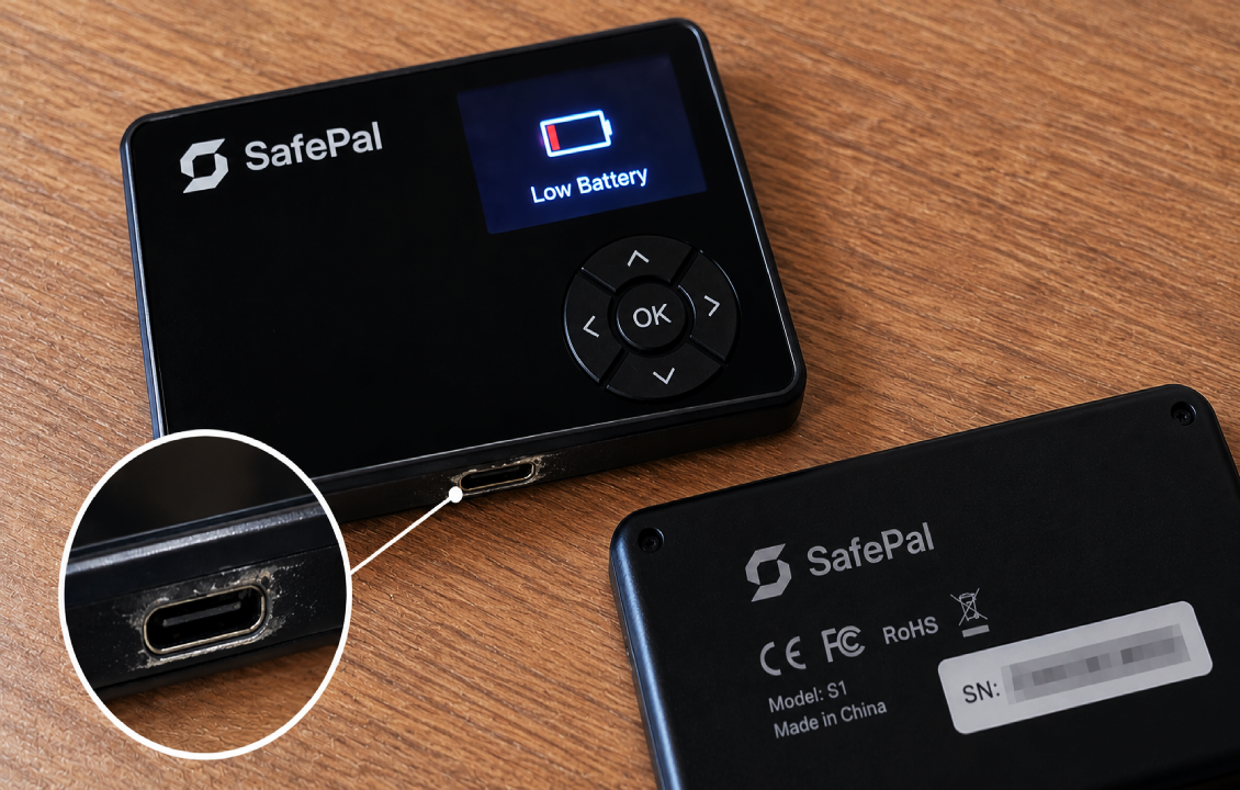 نمای جلو و پشت کیف پول سختافزاری SafePal S1 با هشدار باتری ضعیف و آسیب پورت USB برای بررسی خرابی دستگاه
