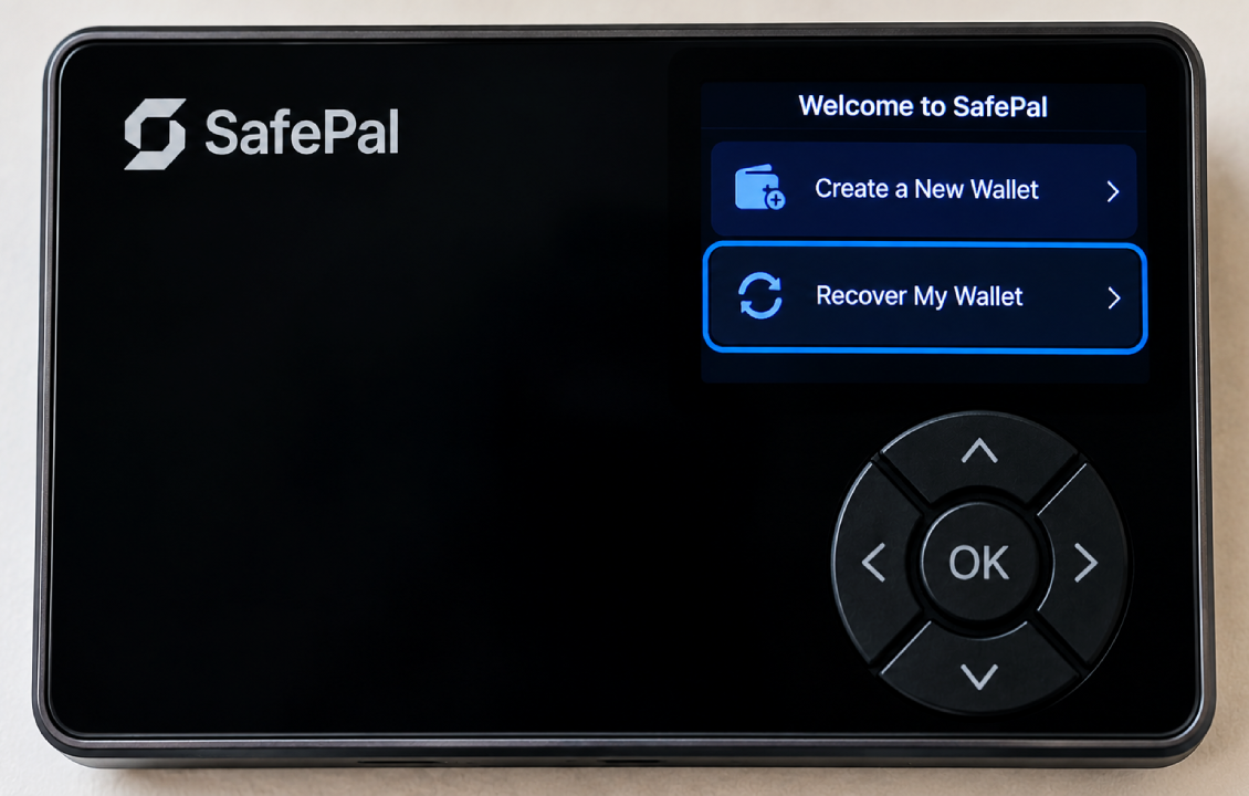 انتخاب گزینه Recover My Wallet روی دستگاه SafePal S1 جایگزین برای بازیابی کیف پول با عبارت بازیابی