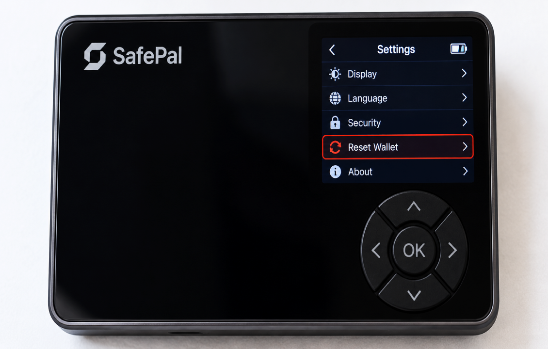 گزینه Reset Wallet در تنظیمات دستگاه SafePal S1 برای پاک کردن اطلاعات کیف پول