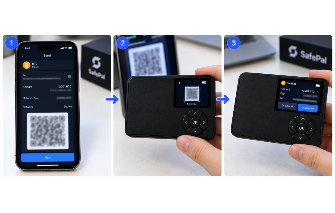 مراحل امضای آفلاین تراکنش با اسکن QR و تأیید روی کیف پولهای سختافزاری SafePal S1 و S1 Pro