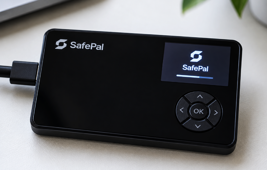 نمایشگر SafePal S1 که هنگام راهاندازی روی صفحه ثابت مانده است
