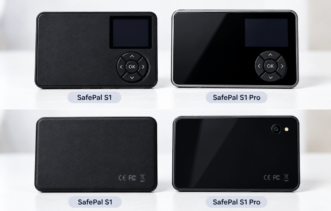 مقایسه نمای جلو و پشت کیف پولهای سختافزاری SafePal S1 و S1 Pro از نظر طراحی و جنس بدنه