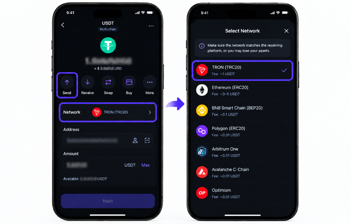 تغییر شبکه هنگام ارسال ارز دیجیتال در SafePal و انتخاب Chain صحیح