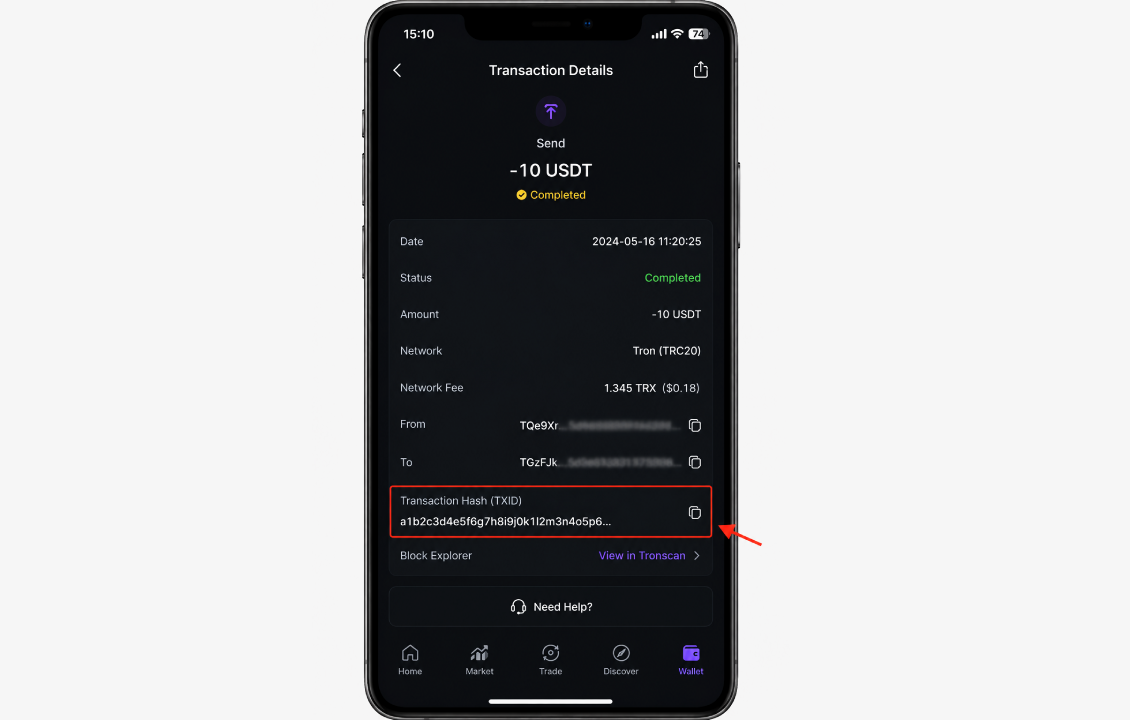 محل TXID در سیف پل و صفحه جزئیات تراکنش SafePal