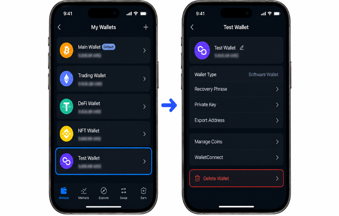 انتخاب کیف پول آزمایشی و گزینه حذف Wallet در برنامه SafePal