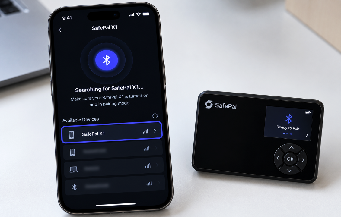 جستوجو و شناسایی کیف پول سختافزاری SafePal X1 در برنامه SafePal برای اتصال بلوتوث