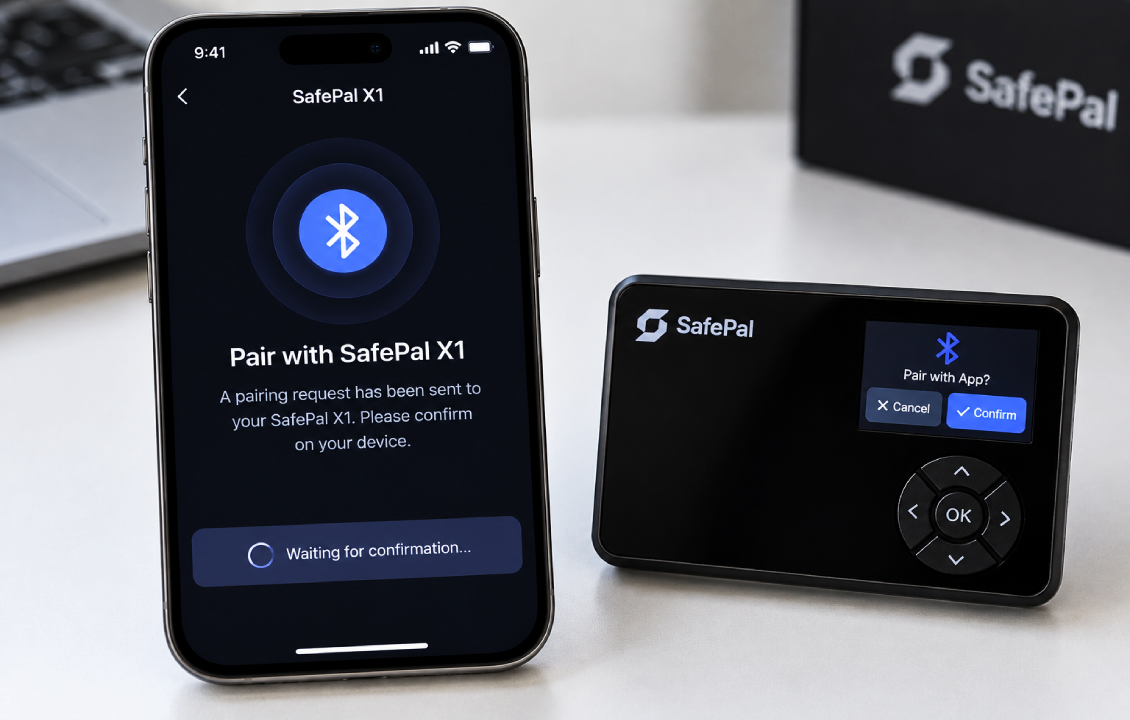 تأیید اتصال بلوتوث SafePal X1 به اپلیکیشن SafePal از طریق گزینه Confirm روی نمایشگر دستگاه