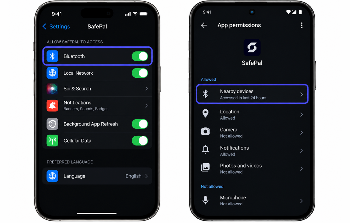 بررسی مجوز Bluetooth در آیفون و Nearby Devices در اندروید برای رفع مشکل اتصال SafePal X1
