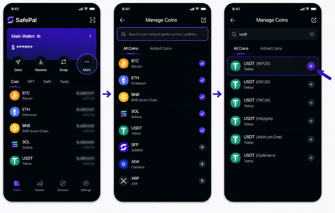 جستوجو و اضافه کردن توکن در سیف پل از بخش Manage Coins