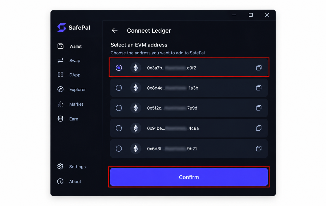 انتخاب آدرس EVM هنگام اتصال SafePal به Ledger