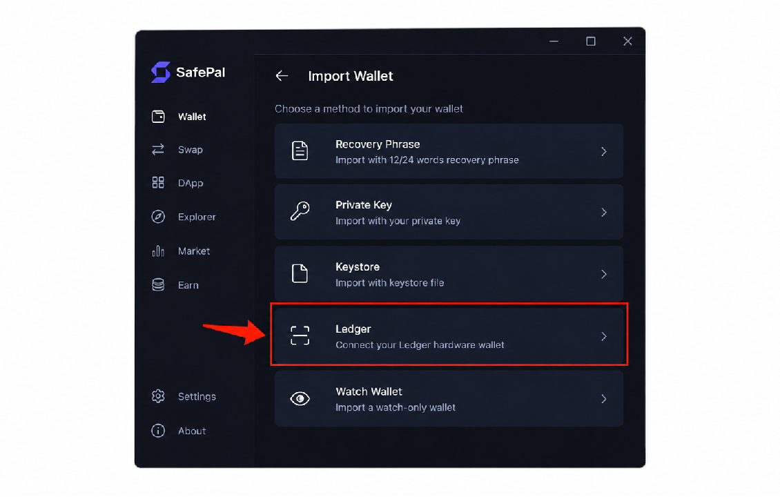انتخاب Ledger برای اتصال SafePal به Ledger در افزونه SafePal