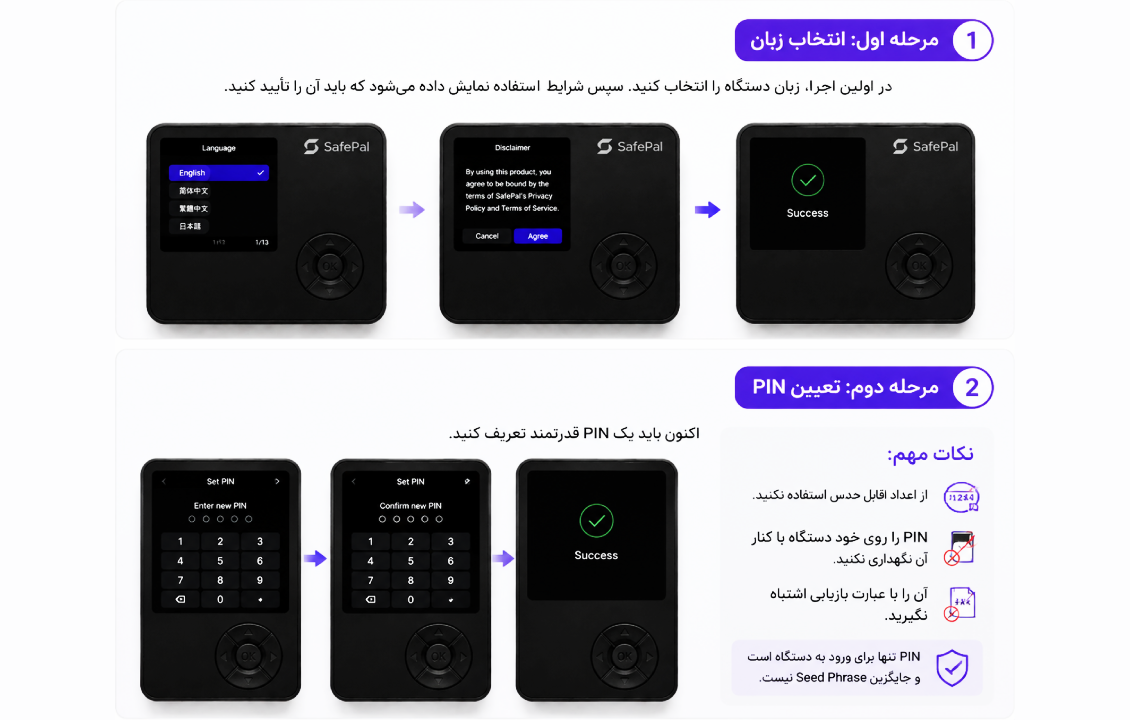 انتخاب زبان و تعیین رمز PIN هنگام راهاندازی اولیه کیف پول سخت افزاری SafePal S1