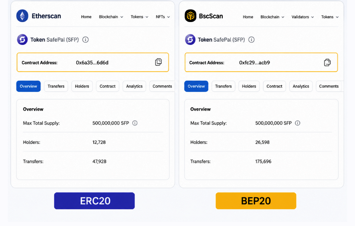 مقایسه قرارداد رسمی ارز SFP در شبکه‌های BEP20 و ERC20