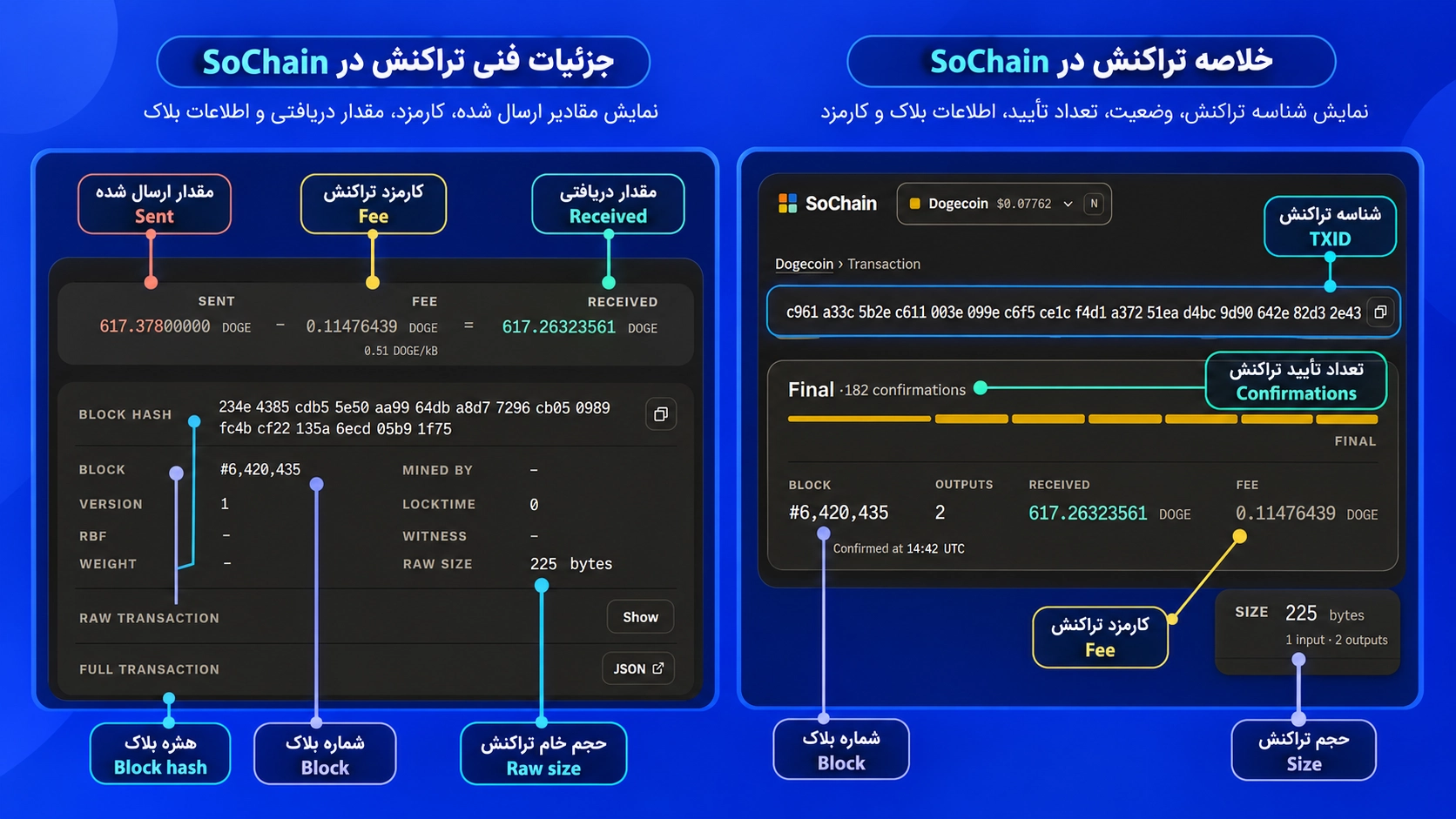 جزئیات تراکنش دوج کوین در SoChain شامل کارمزد، تعداد تأییدها و خروجی بازگشت موجودی