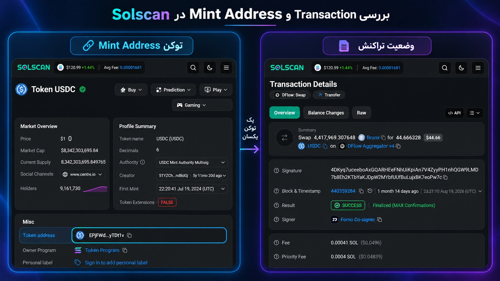 بررسی وضعیت تراکنش Solana و Mint Address توکن در Solscan