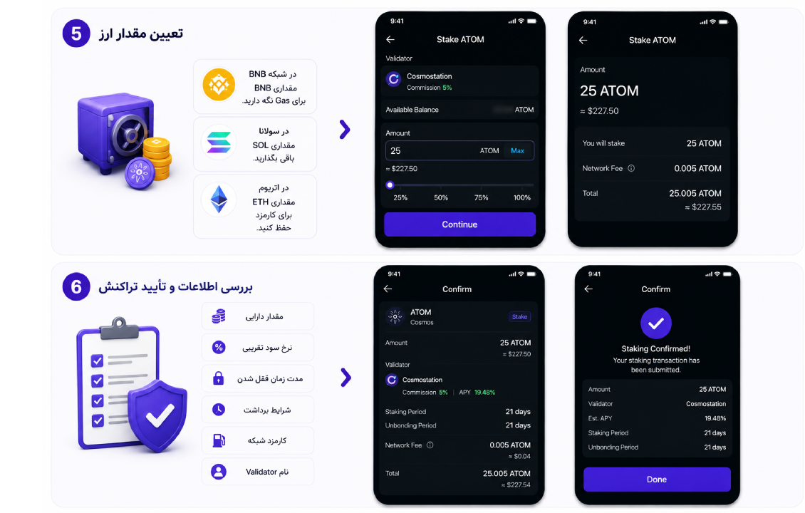 تعیین مقدار ارز و بررسی اطلاعات نهایی استیکینگ در سیف پل قبل از تأیید تراکنش در کیف پول SafePal