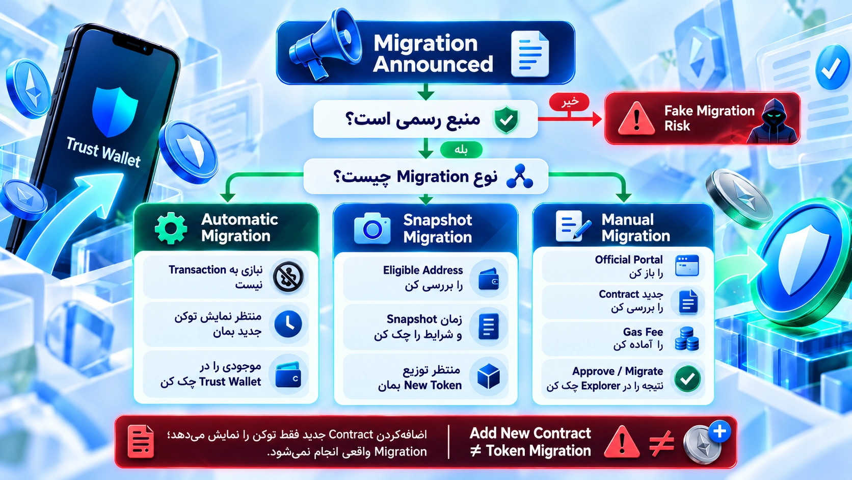 تفاوت Snapshot و Manual Migration با مهاجرت خودکار در مهاجرت توکن در تراست والت؛ وقتی Contract ارز تغییر میکند چه کنیم؟