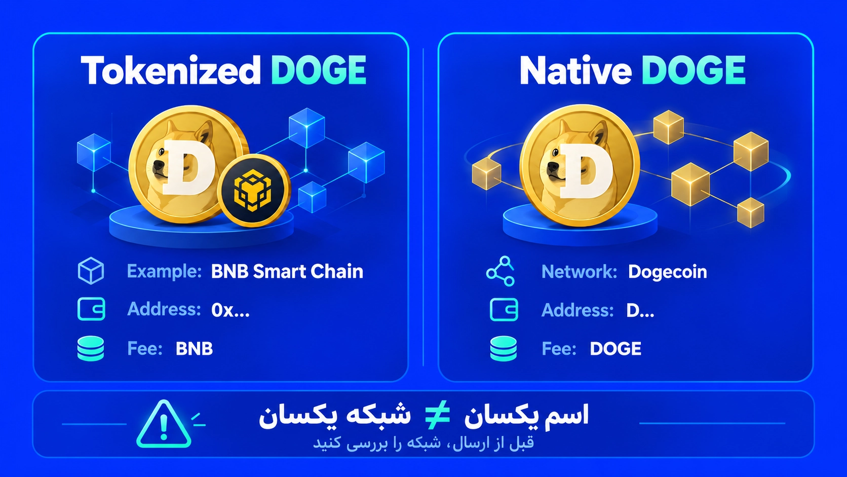 تفاوت دوج کوین بومی و نسخه توکنی DOGE از نظر شبکه انتقال، آدرس و ارز پرداخت کارمزد