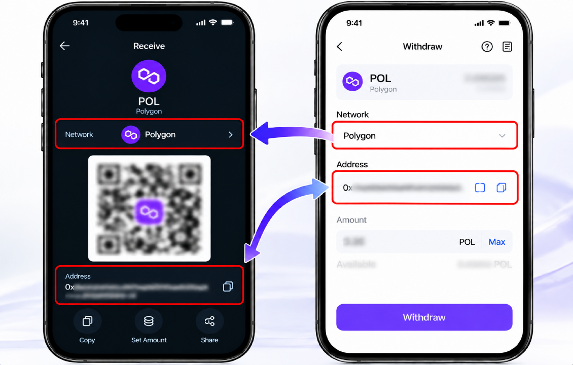 انتقال POL از صرافی به SafePal با انتخاب شبکه Polygon