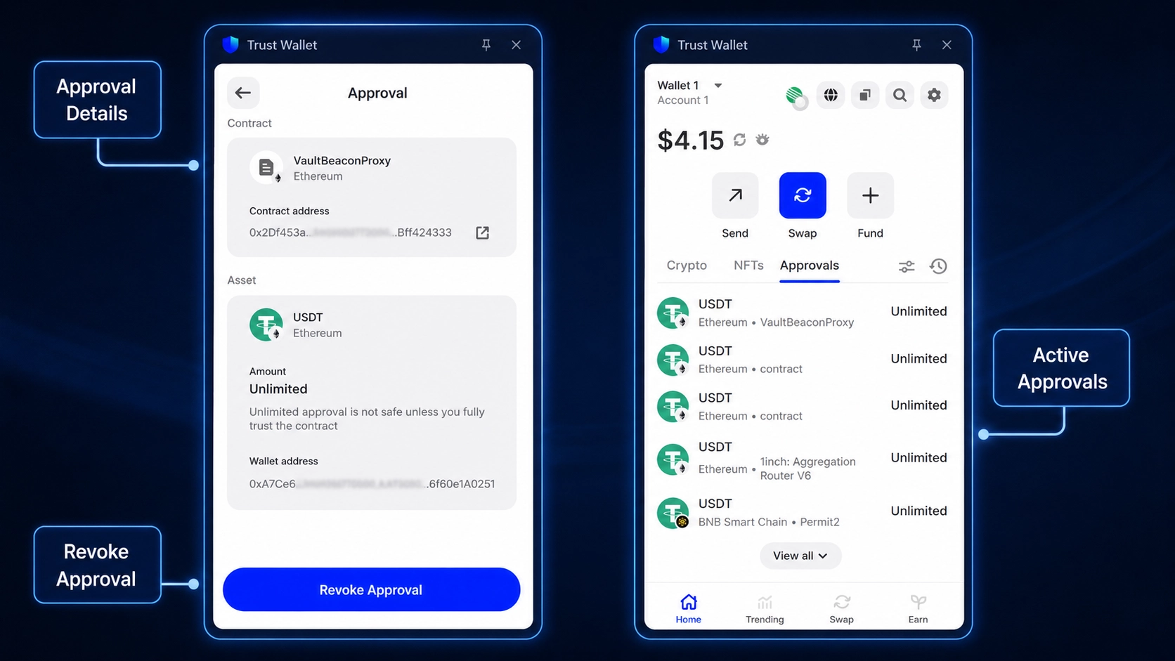 بررسی Approval مشکوک و گزینه Revoke در Trust Wallet؛ توکن ناشناس در تراست والت چیست؟ با ارزهای جعلی و Airdrop مشکوک چه کنیم؟